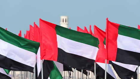 las banderas de los emiratos árabes unidos están en exhibición en el jardín de las banderas para celebrar el día de la bandera de los emiratos árabes unidos en dubai, eau