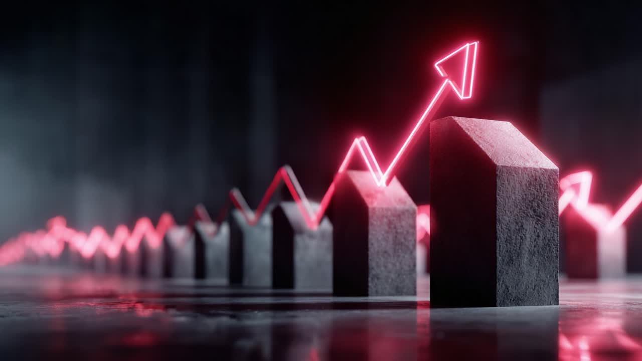 A Visual Representation of Growth and Progress: A Sequence of Abstract Structures with Neon Arrows Indicating Rising Trends and Success in a Dynamic Environment