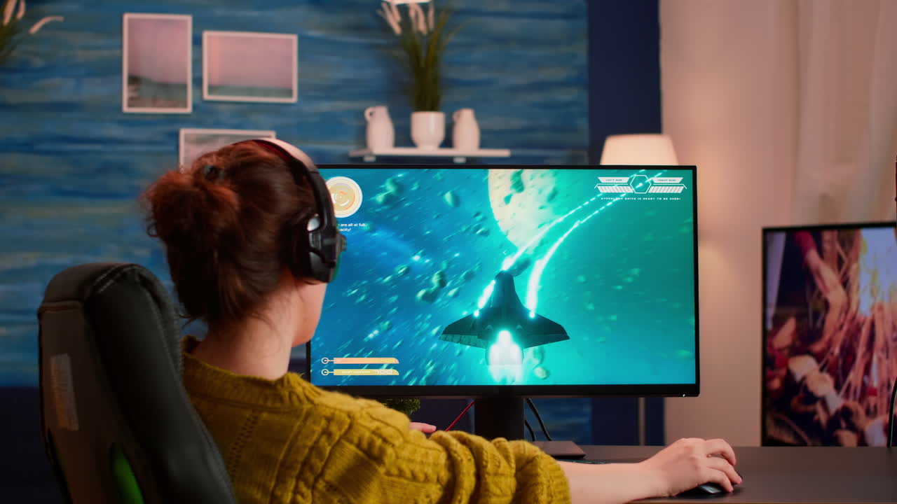 Pro gamer putting on headset testing new space shooter video game