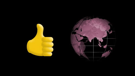 digital animation of thumbs up icon and globe icon spinning against black background