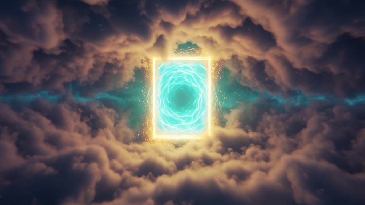 A Captivating Portal Scene: Transitioning Through Clouds with Electric Energy and Ethereal Light in a Stunning Visual Experience