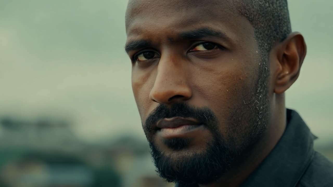 Close-up portrait of a serious black man looking at the camera