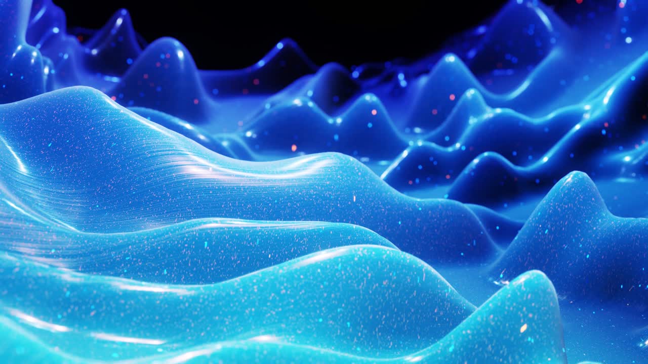 fantastical festive blue bg. Stylish abstract looped background, waves move on glossy surface like landscape made of liquid blue wax with sparkles. Beautiful soft background with smooth animation 4k