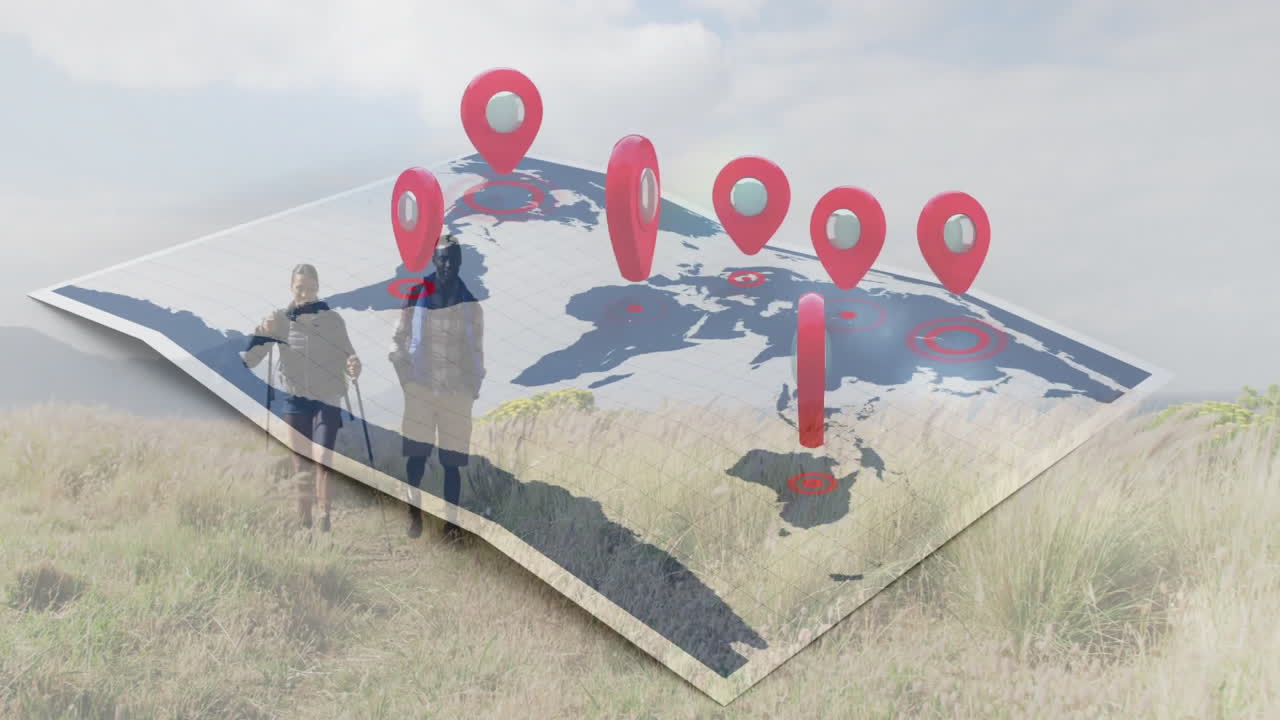 Hiking partners exploring grassy meadow using interactive 3D technology map with red location pins