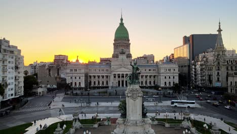 buenos aires palace of the argentine national congress, aerial drone push in shot at sunset