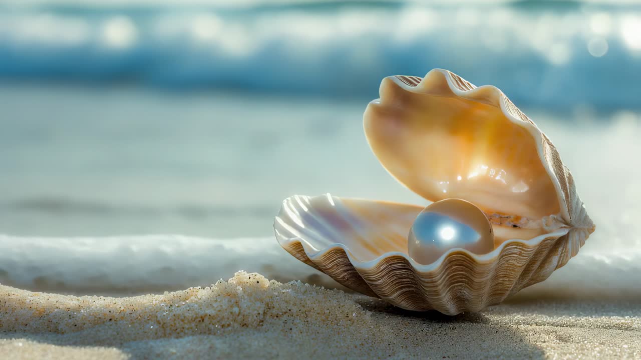Pristine pearl gleaming inside partially opened seashell, nestled on sandy beach with soft waves washing gently in background, reflecting marine tranquility