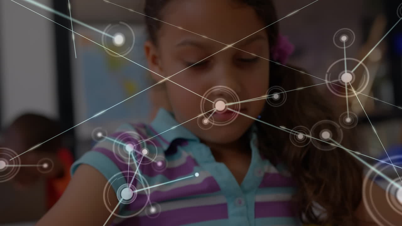 animación de la red de conexiones sobre escolar biracial