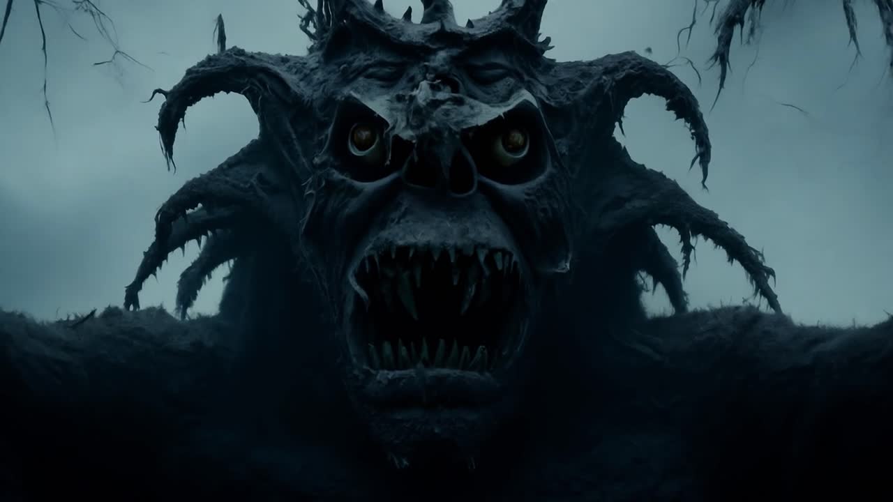 A monstrous creature emerges from the shadows in a dark forest.