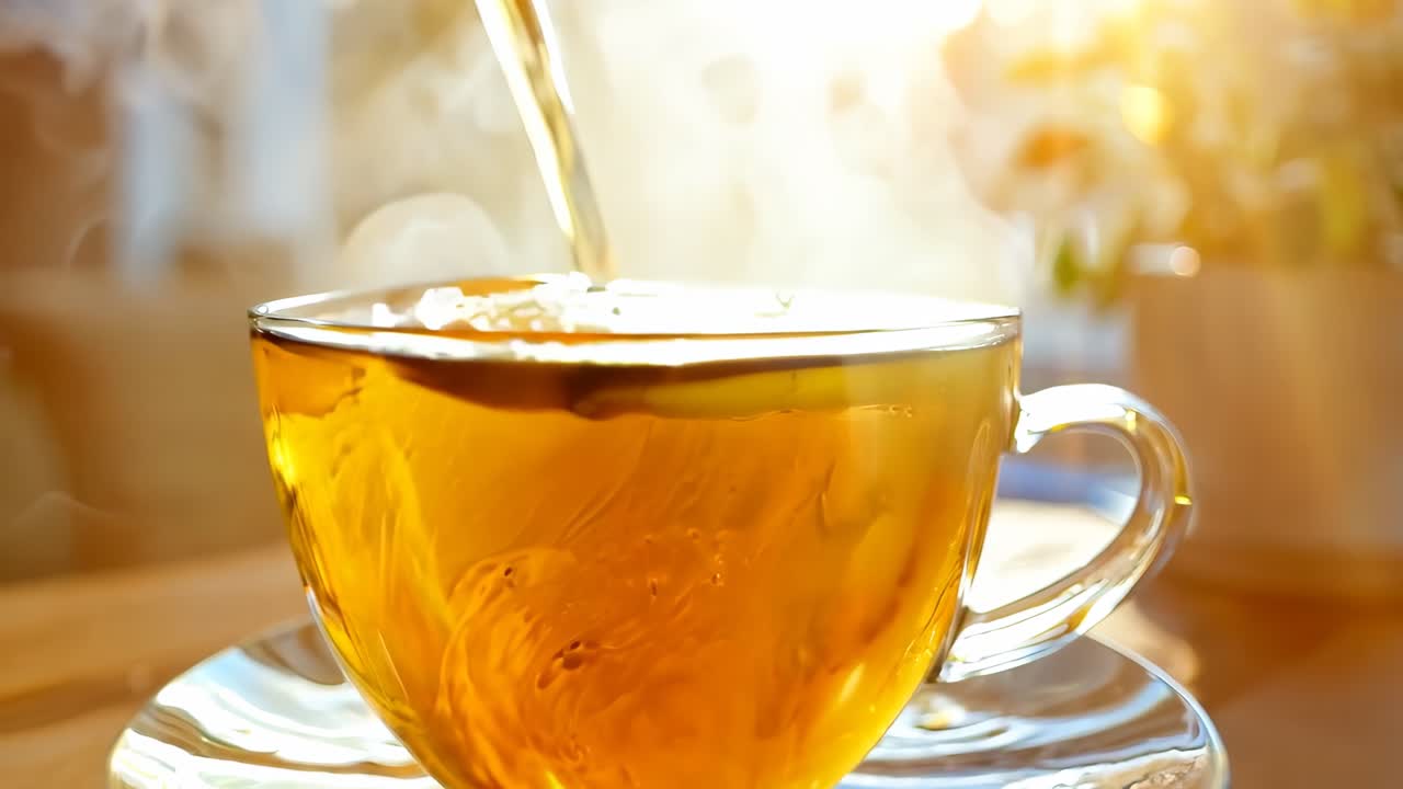 una taza de té que se vierte en una tazón de vidrio en una mesa