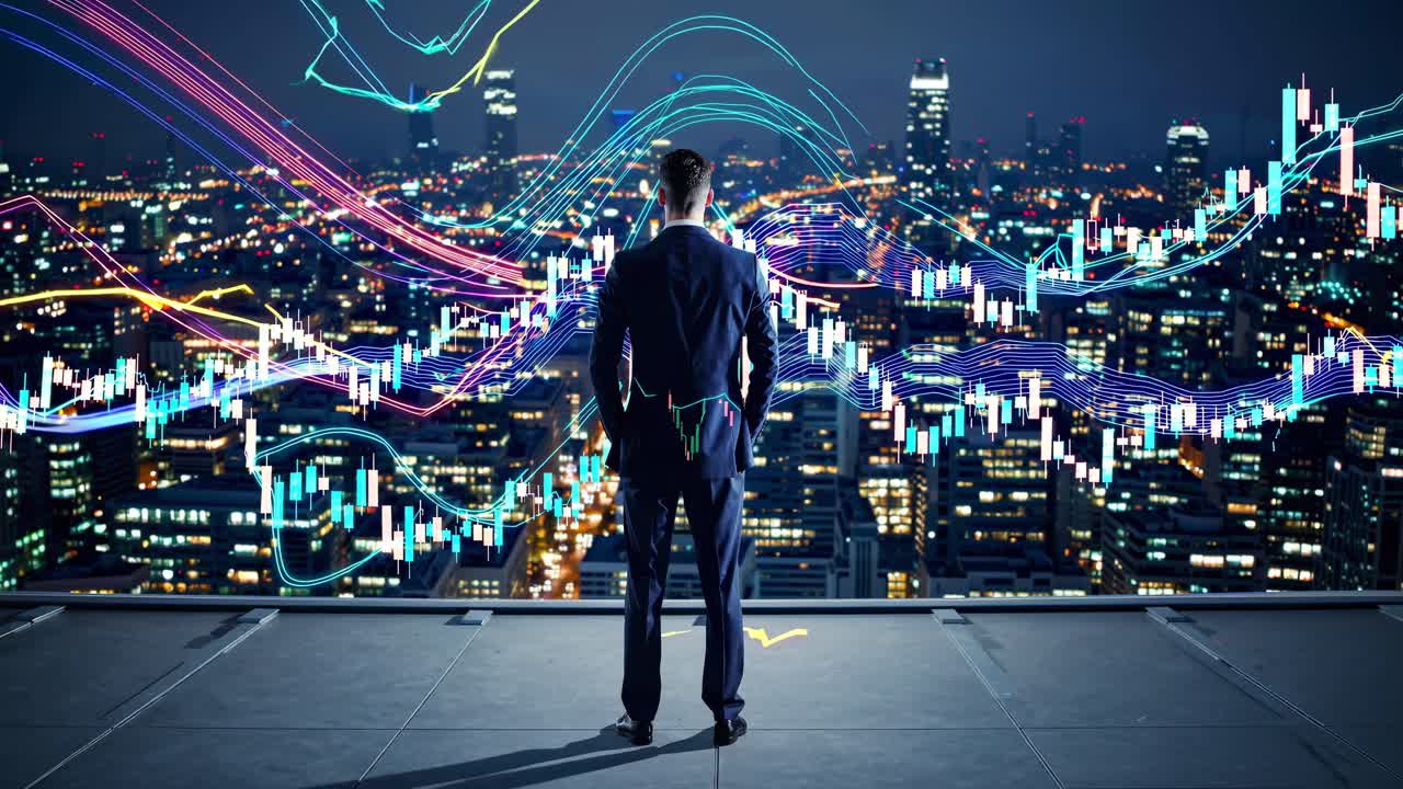 A businessman in a suit stands on a rooftop at night, overlooking a cityscape with digital graphs