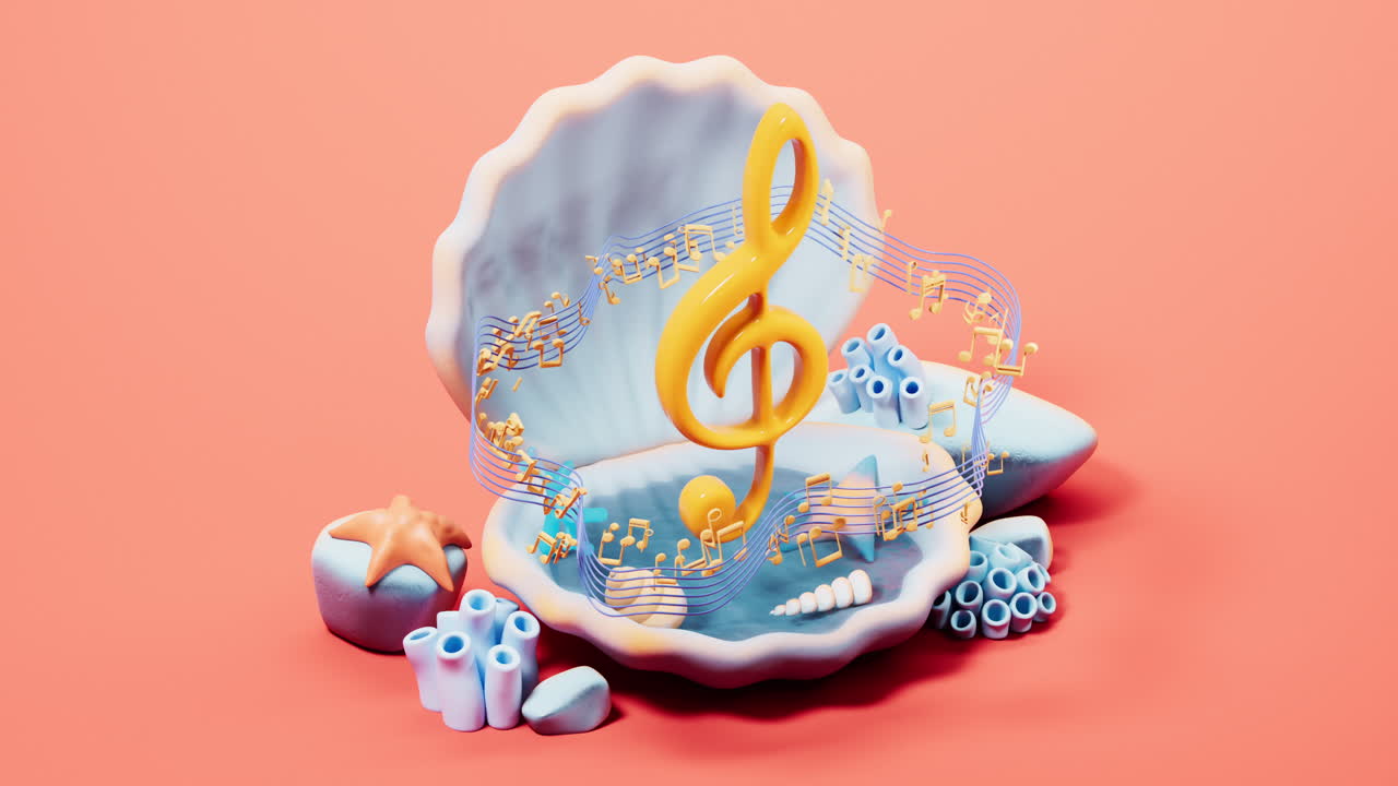 물속의 스콜프 질과 음악 노트, 3d 렌더링