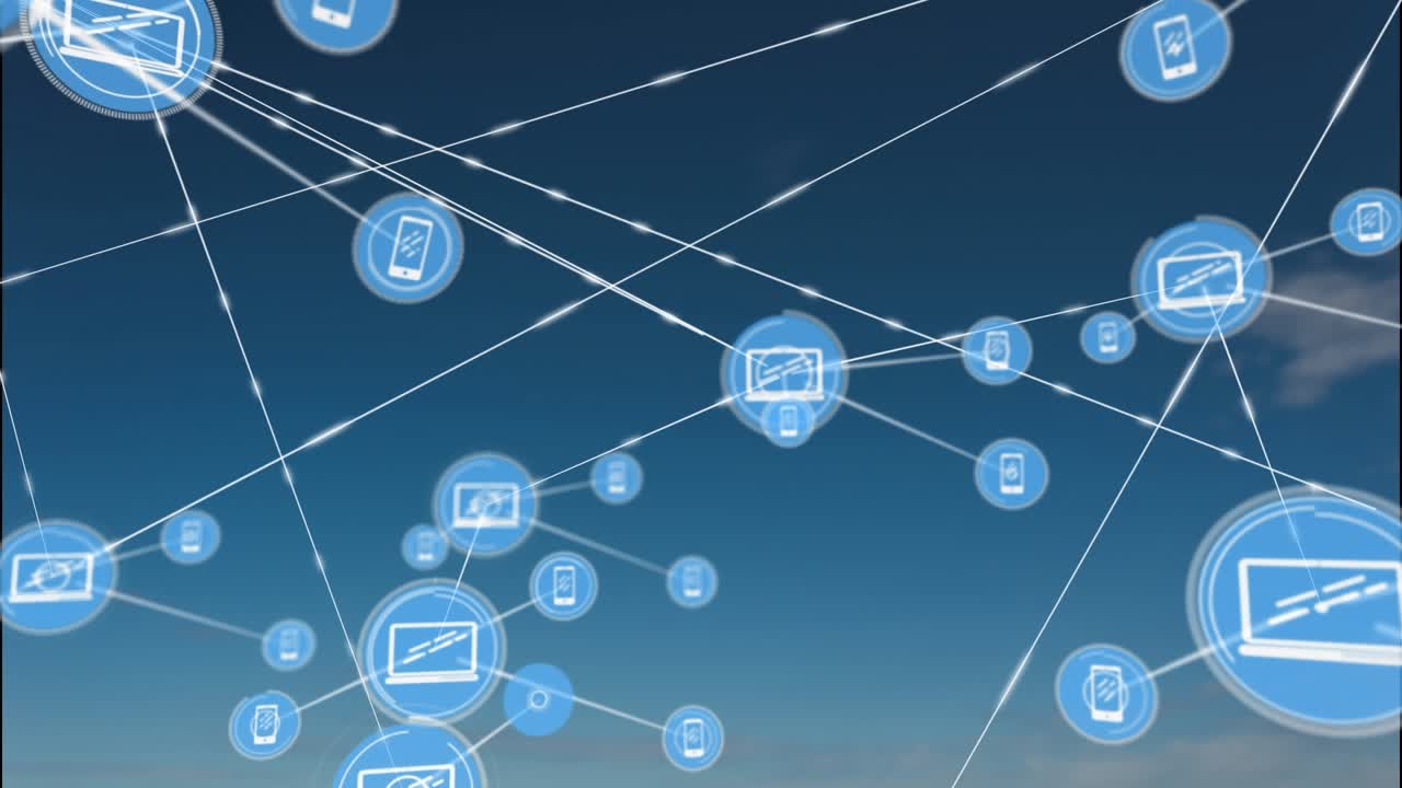 Animation of network of connections with icons over dark blue background