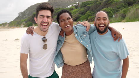 face, fun and friends laughing on the beach