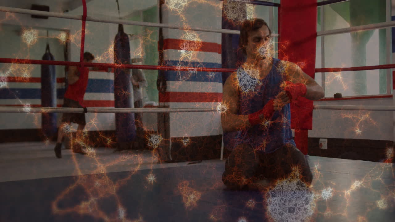 Boxer wrapping hands in gym with neural network animation overlay