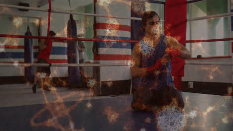 boxer wrapping hands in gym with neural network animation overlay