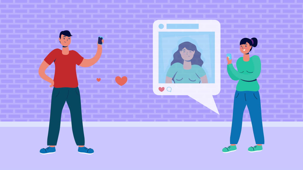 couple using smartphone with social media icons