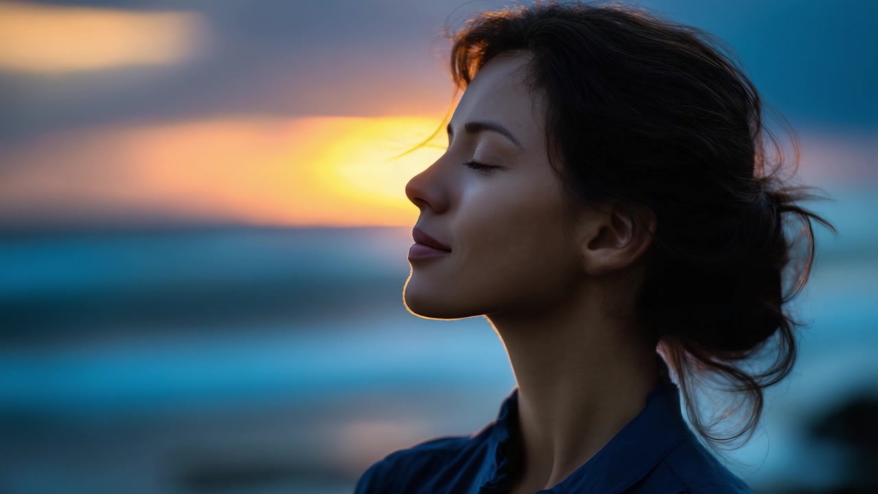 A Serene Woman Embraces Sunset Bliss by the Ocean, Capturing Tranquility and Peaceful Reflection Amidst the Beautiful Seascape at Dusk