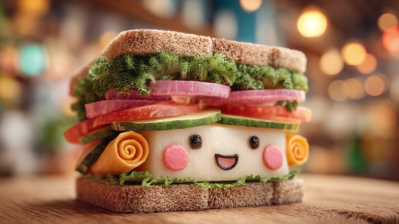Um Personagem de Comida Alegre: Sanduíche Deliciosamente Elaborado Com Rosto Brincalhão Feito de Vegetais Frescos e Ingredientes Saudáveis, Perfeitamente Exibido em um Cenário Aconchegante