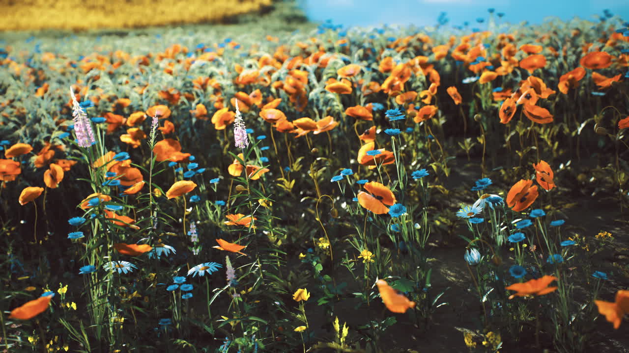 Campo colorato di fiori di campo primaverili che sbocciano sotto la luce del sole in un luogo sereno