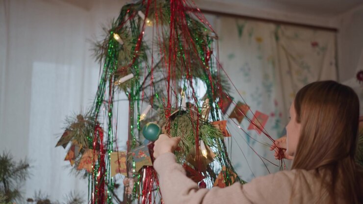 Una donna addobba un albero di Natale decorato a festa. Con cura, sistema festoni e ornamenti, posizionandoli e aggiustandoli in un ambiente accogliente.