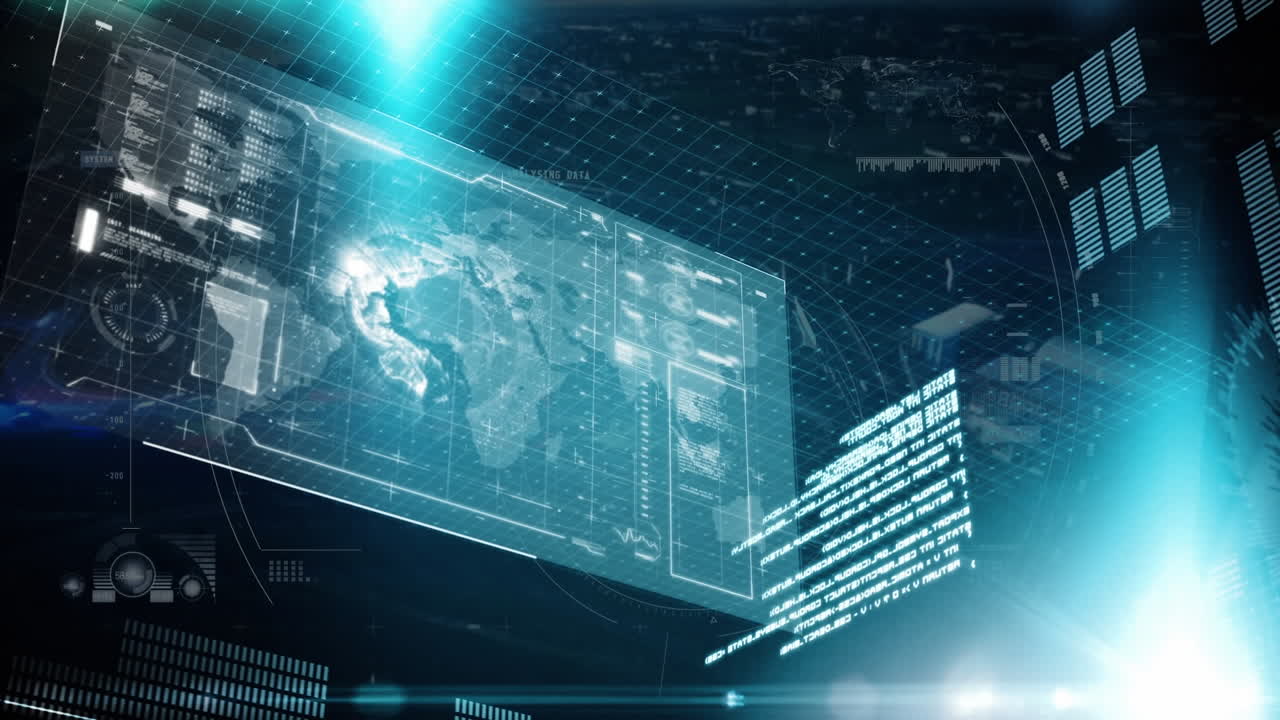 도시 풍경 위의 스크린에서 스 스캔과 함께 데이터 처리의 애니메이션