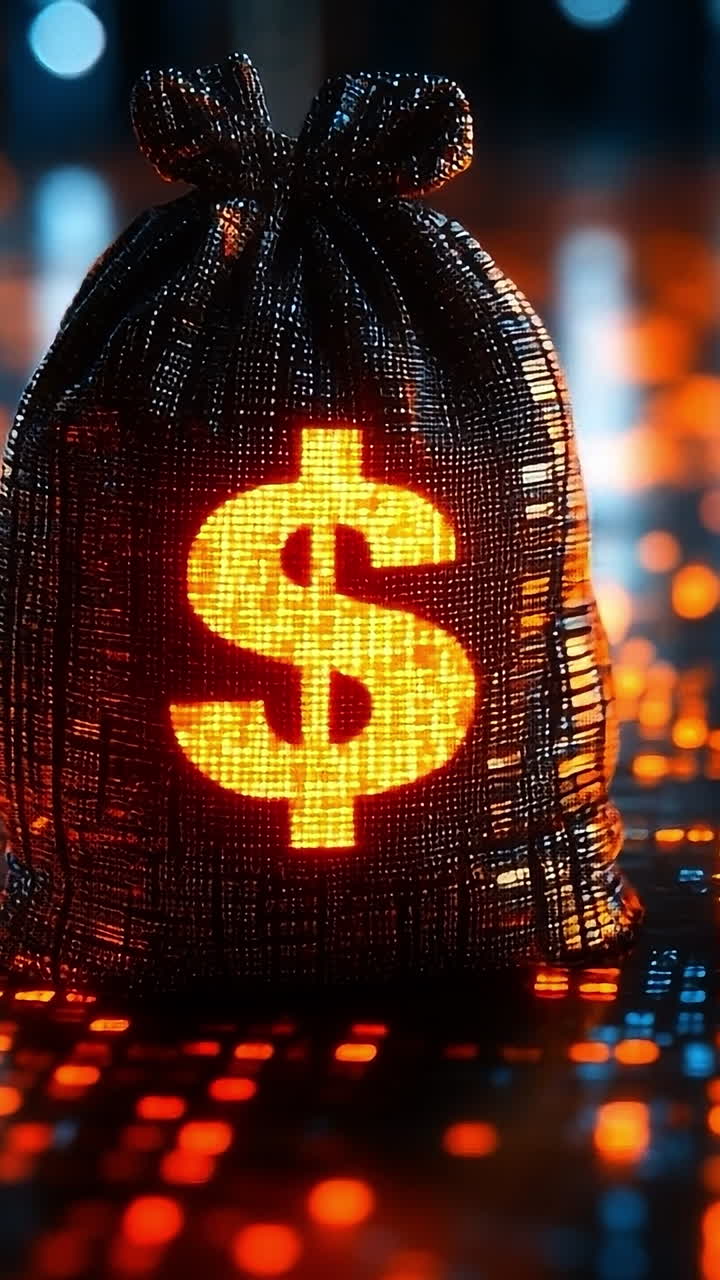 Shining digital coin bag. A glowing money bag stands out on a dark, digital background filled with bright pixels and technology motifs.