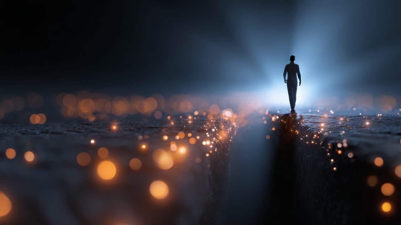 A solitary figure walks along a narrow path illuminated by glowing orbs in a mystical setting, evoking emotions of wonder, solitude, and the journey of life