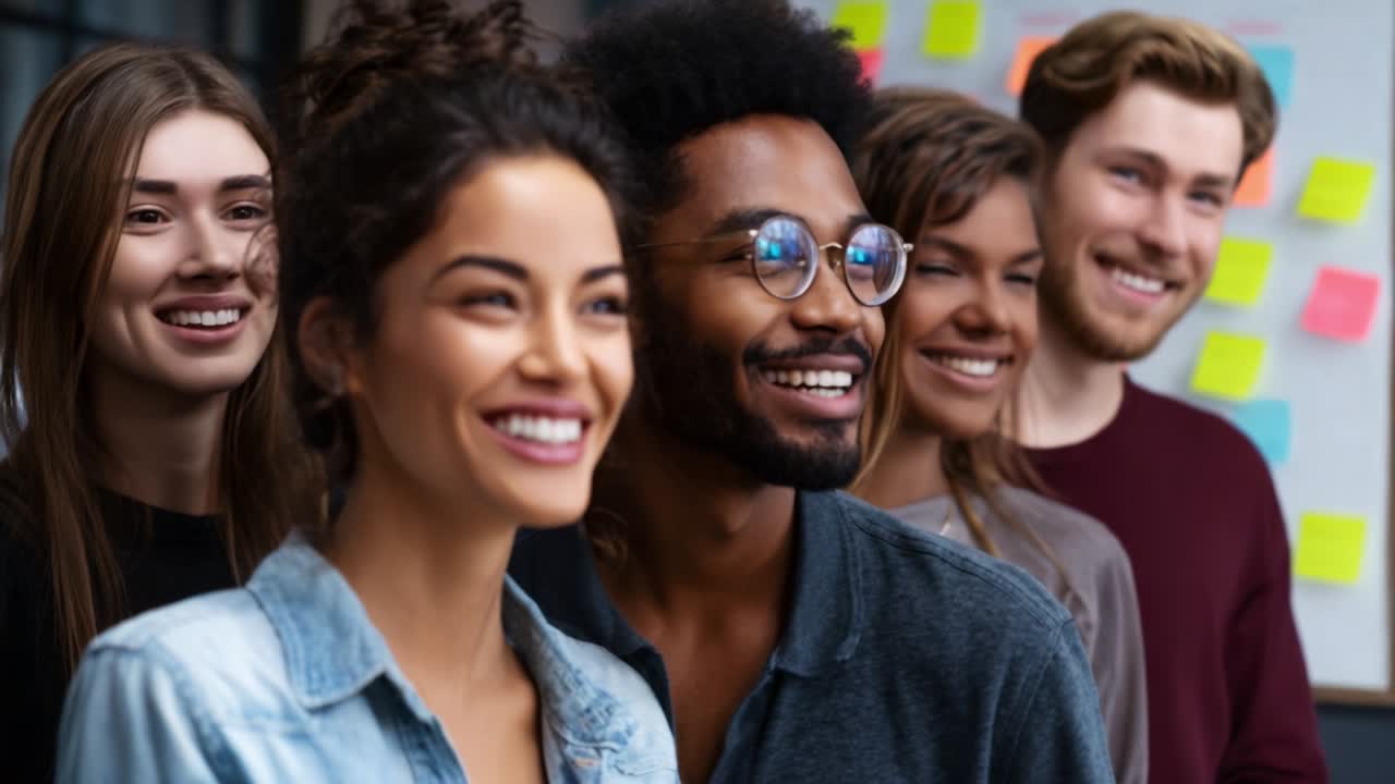 A diverse group of young adults share joyful moments together while smiling and engaging in an uplifting environment, showcasing camaraderie, friendship, and positive social interactions in a creative space