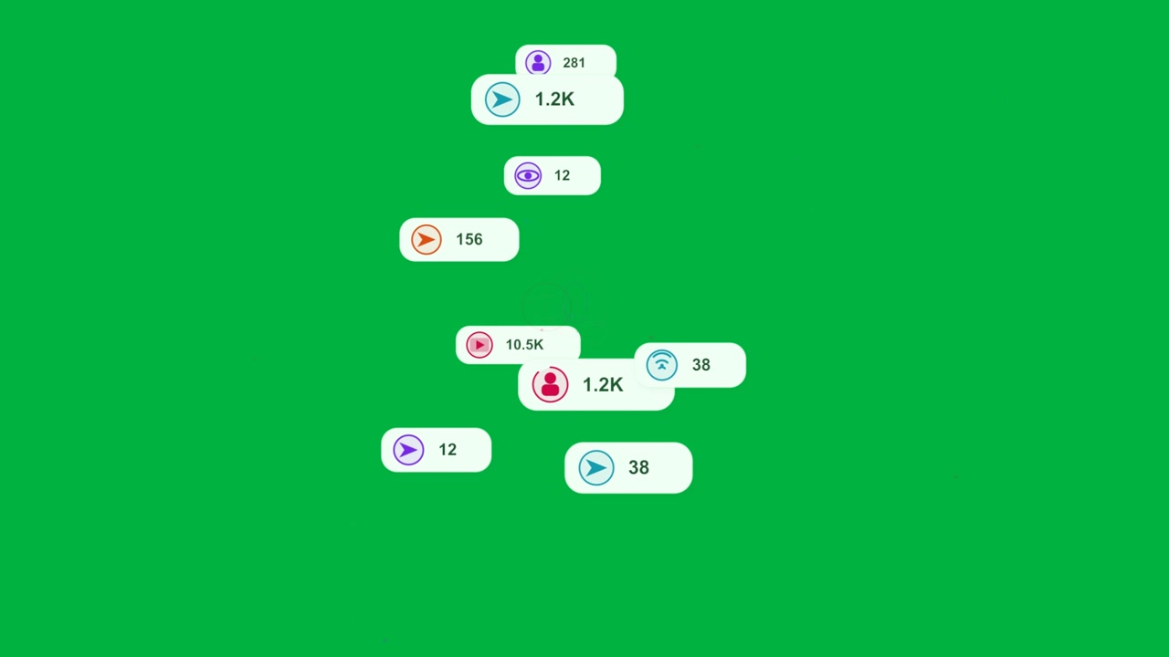 Badge statistici che si impilano a ogni impulso, con conteggi crescenti che si diffondono lasciando anelli su sfondo trasparente, mostrando metriche.