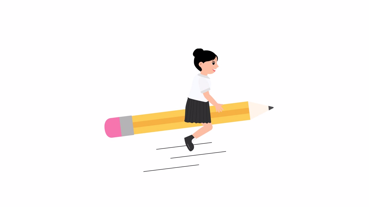 Animated Schoolgirl Riding a Giant Flying Pencil