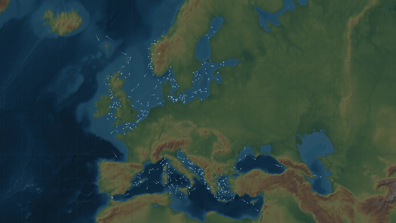 Network of maritime ferry lanes navigating between European ports