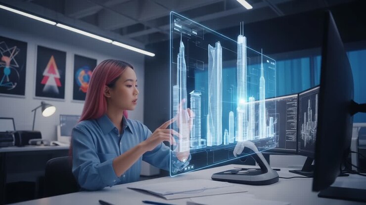 A focused individual utilizes advanced digital interfaces to visualize architectural designs, manipulating holographic blueprints in a modern workspace environment