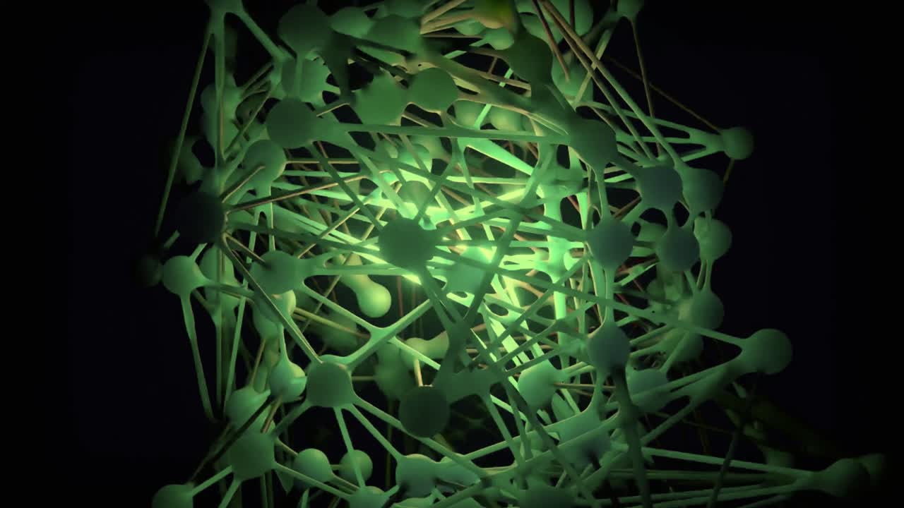 Connessioni di rete astratte verdi luminose su sfondo scuro.