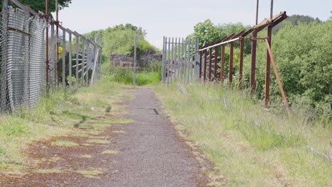 broken, abandoned, ruined bridge path, rusty fence girders, overgrown weeds