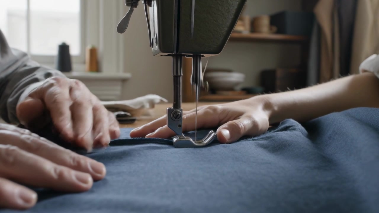 Needle descending, mentor in apron teaching student sewing on dark blue fabric at machine in studio