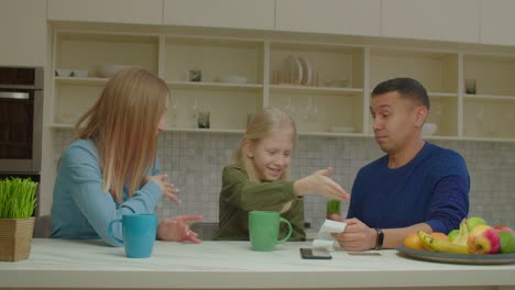 confused deaf family and kid checking long receipt after grocery shopping