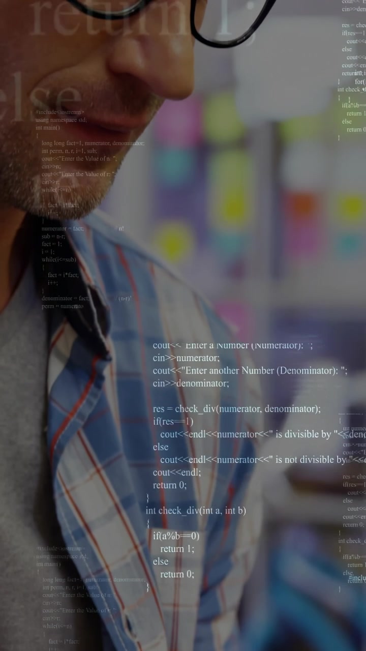 Vertical video: Developer typing on laptop, editing code, code overlay, camera pulling back