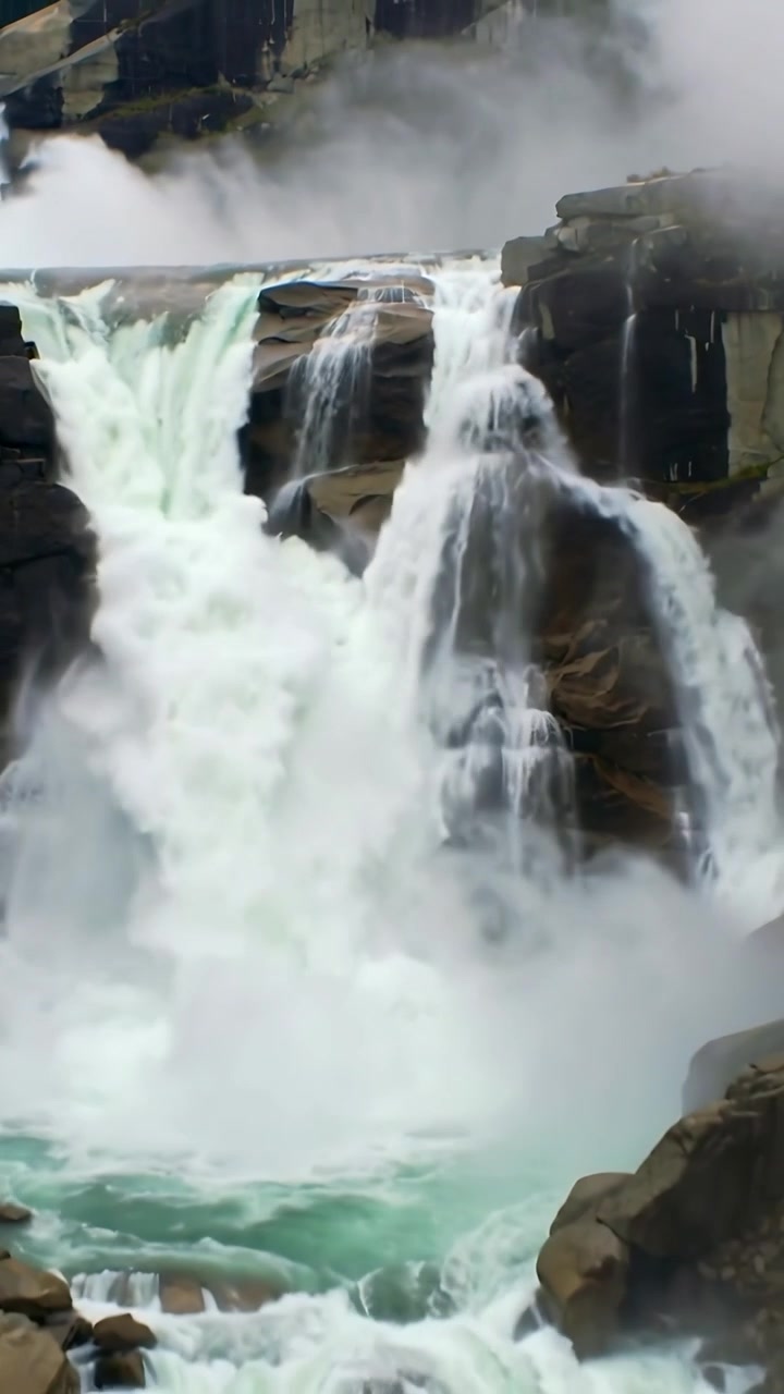 Video verticale: La telecamera si allontana, rivelando una cascata a più livelli che scende in una gola, con la nebbia che sale.
