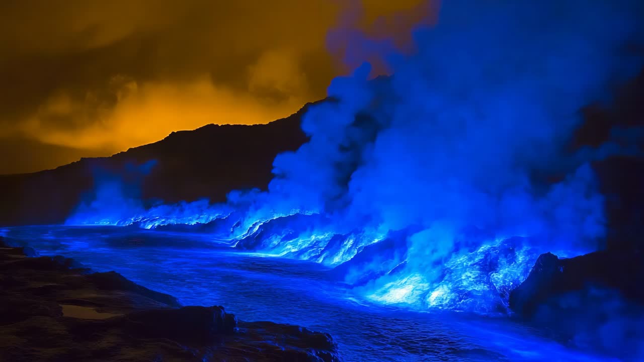Blue Glow Lava Flow at Night