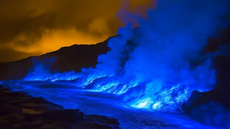 blue glow lava flow at night