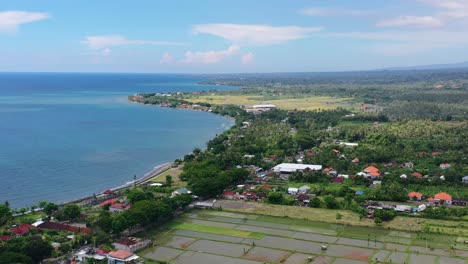 beautiful wide panoramic of lovina coastline on sunny day in north bali, aerial