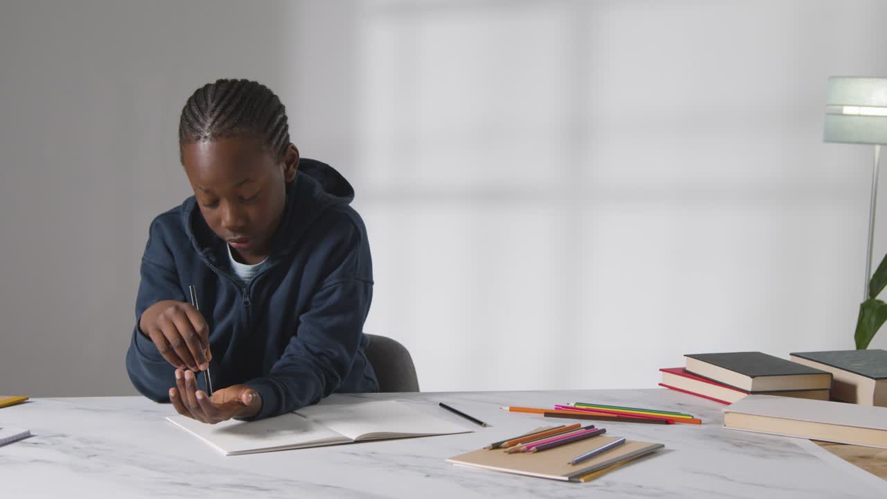 foto de estudio de un niño en la mesa luchando por concentrarse en el libro escolar 3