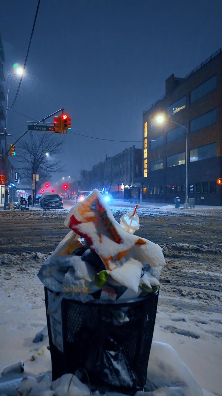 Pila di sacchi della spazzatura coperti di neve su un angolo di strada urbana di notte. La neve cade fitta intorno a un bidone della spazzatura e a sacchi impilati sotto il bagliore dei lampioni a un incrocio