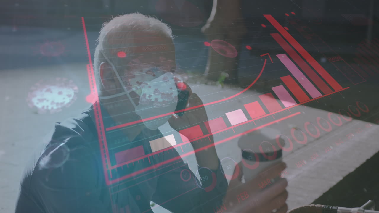 animación de células de covid-19 y estadísticas sobre hombres mayores que usan máscaras faciales