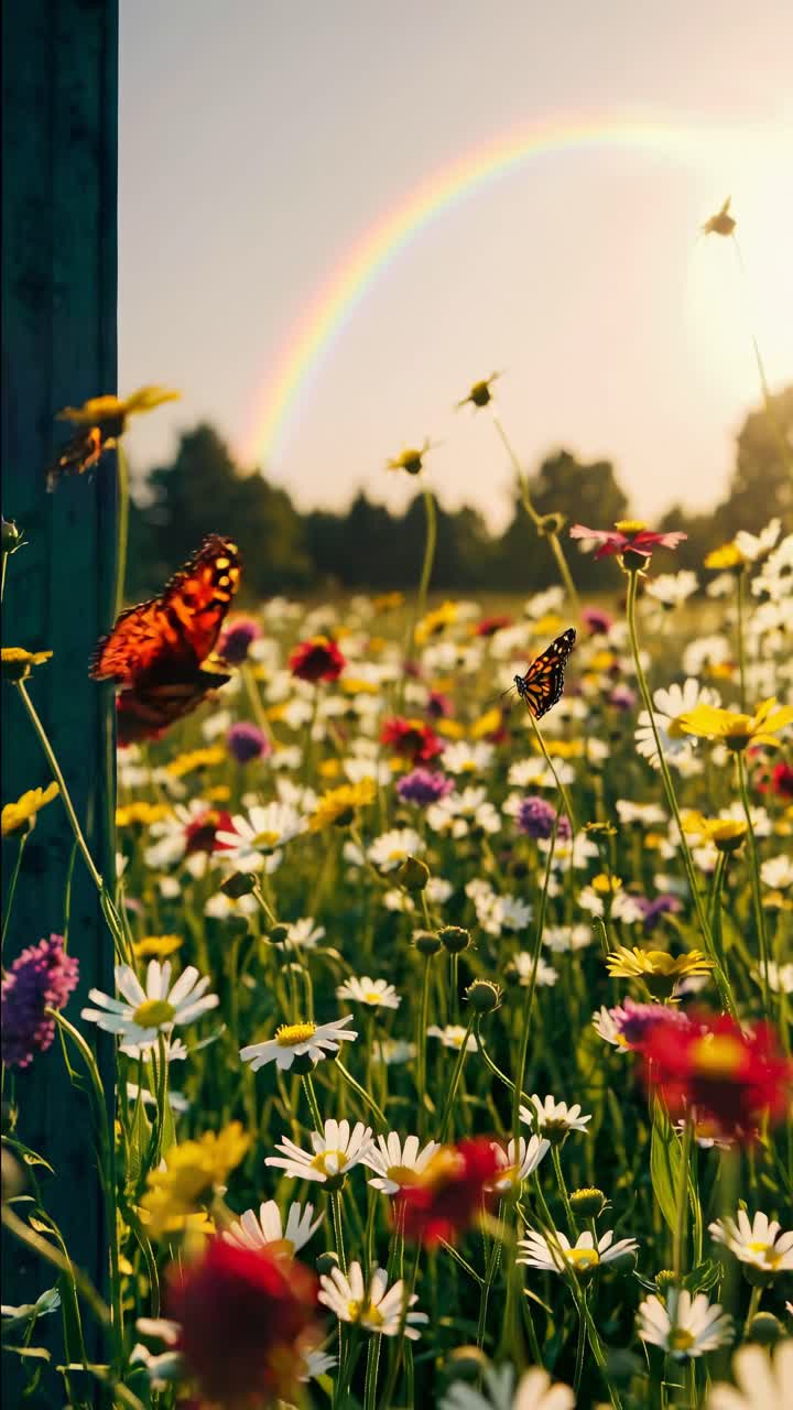 Ripresa video dal basso di un vibrante campo fiorito con farfalle e un arcobaleno