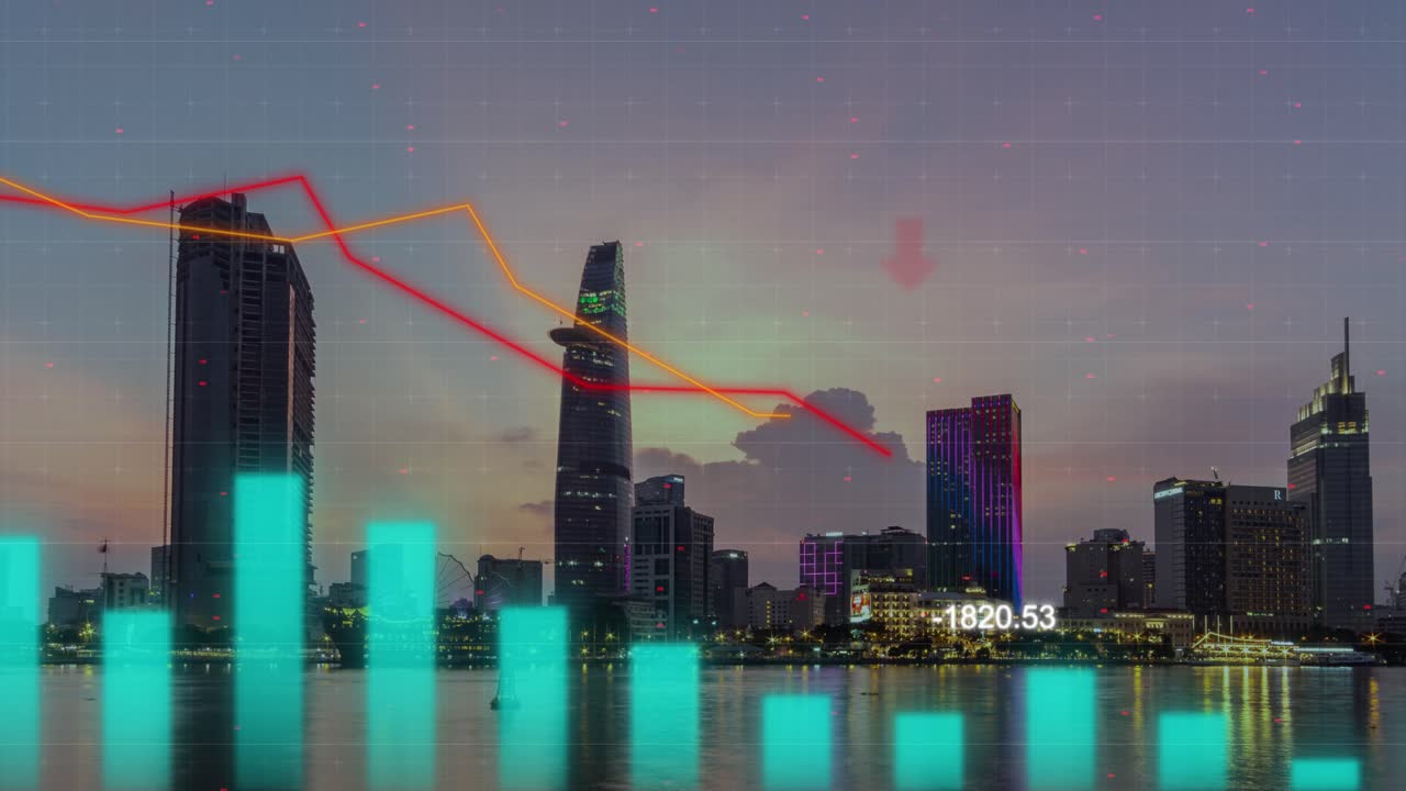 現代城市景觀日落到黃昏 股市價格圖表和圖表 交易加密貨幣分析