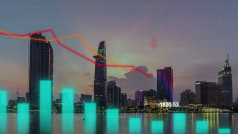 Modern-skyline-cityscape-sunset-to-dusk-with-stock-market-price-charts-and-diagrams-trading-crypto-currency-analysis