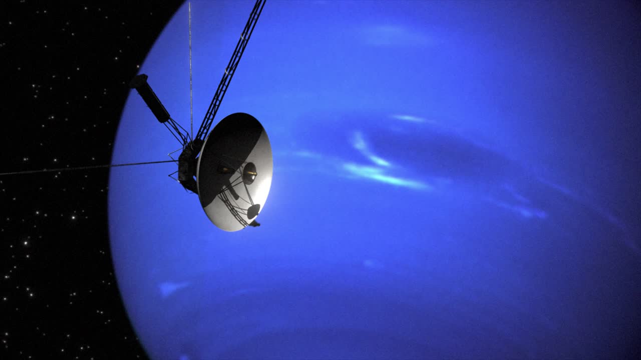alta calidad y muy detallada representación de cgi de una lenta y suave toma de órbita de la sonda voyager 2 mientras pasa por el planeta neptuno en los bordes del sistema solar