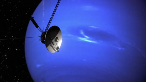 alta calidad y muy detallada representación de cgi de una lenta y suave toma de órbita de la sonda voyager 2 mientras pasa por el planeta neptuno en los bordes del sistema solar