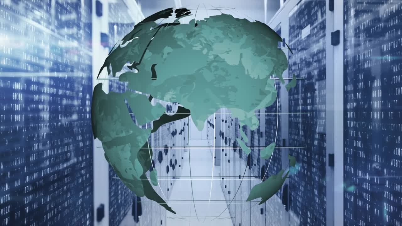 Animazione di globo che ruota con motivi astratti che si illuminano su rack di server dati